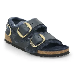 Milano Big Buckle Shearling Oiled Leather Midnight Blue