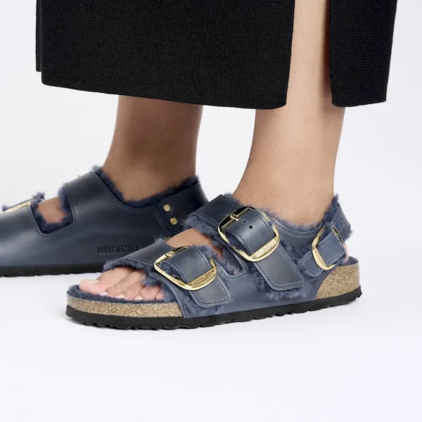 Milano Big Buckle Shearling Oiled Leather Midnight Blue - Image 3